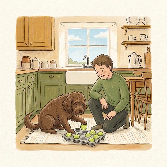 A dog working out a muffin tin treat puzzle on the kitchen floor