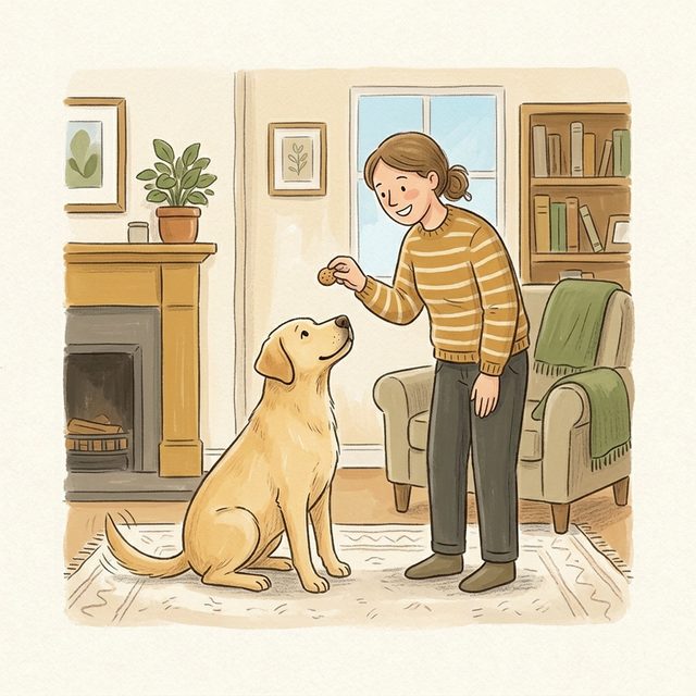 A dog checking in with its owner while standing nearby