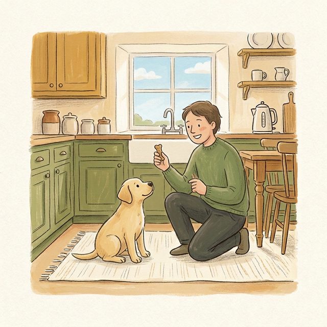 A puppy looking towards its owner from across a room during a name-game training moment