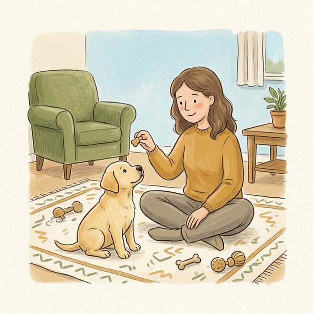 A puppy looking up attentively at a person sitting on the floor during a name-game training moment